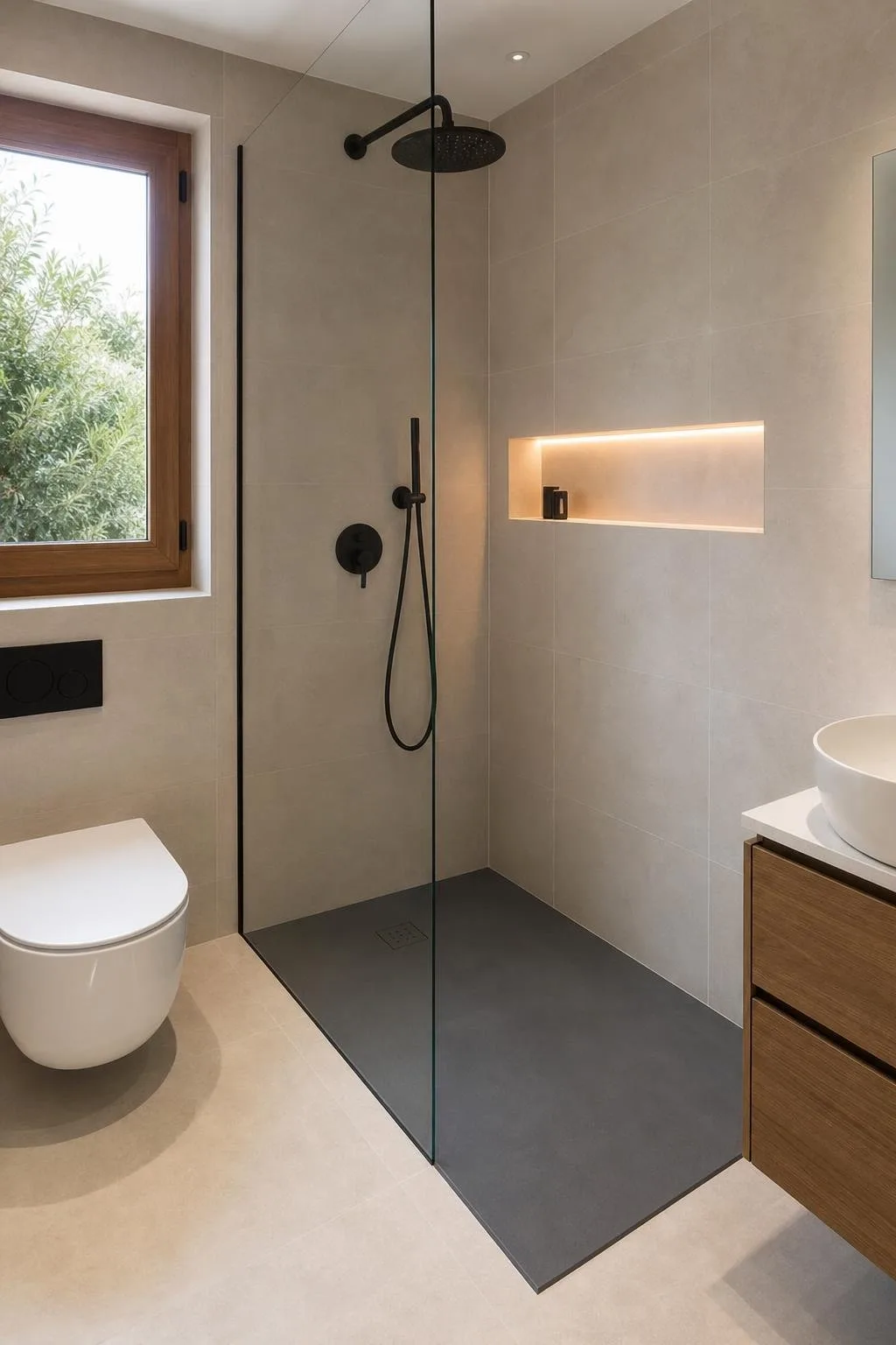Baño reformado con ducha de obra, plato oscuro y mampara fija