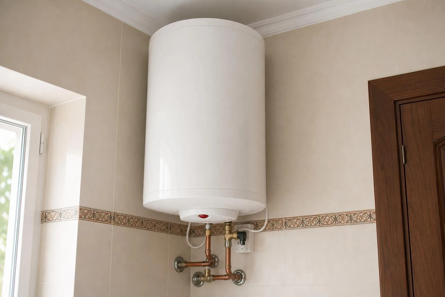 Termo eléctrico en la pared de un baño con conexiones de cobre