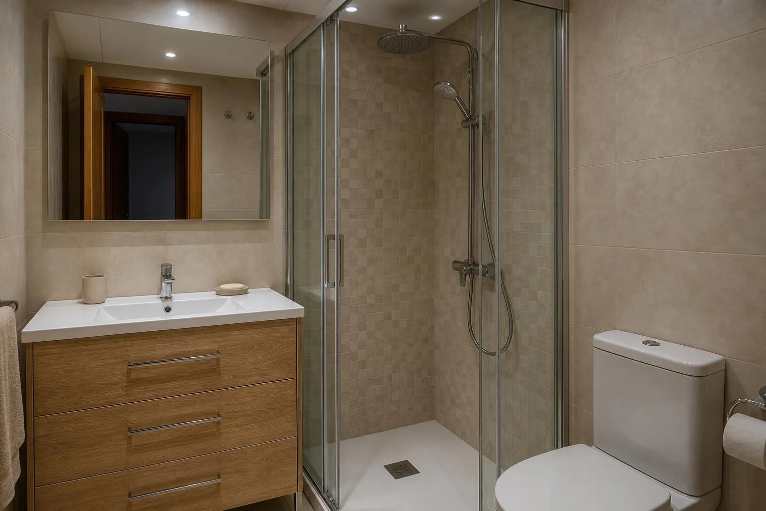 Baño de noche con la grifería de ducha recién reparada