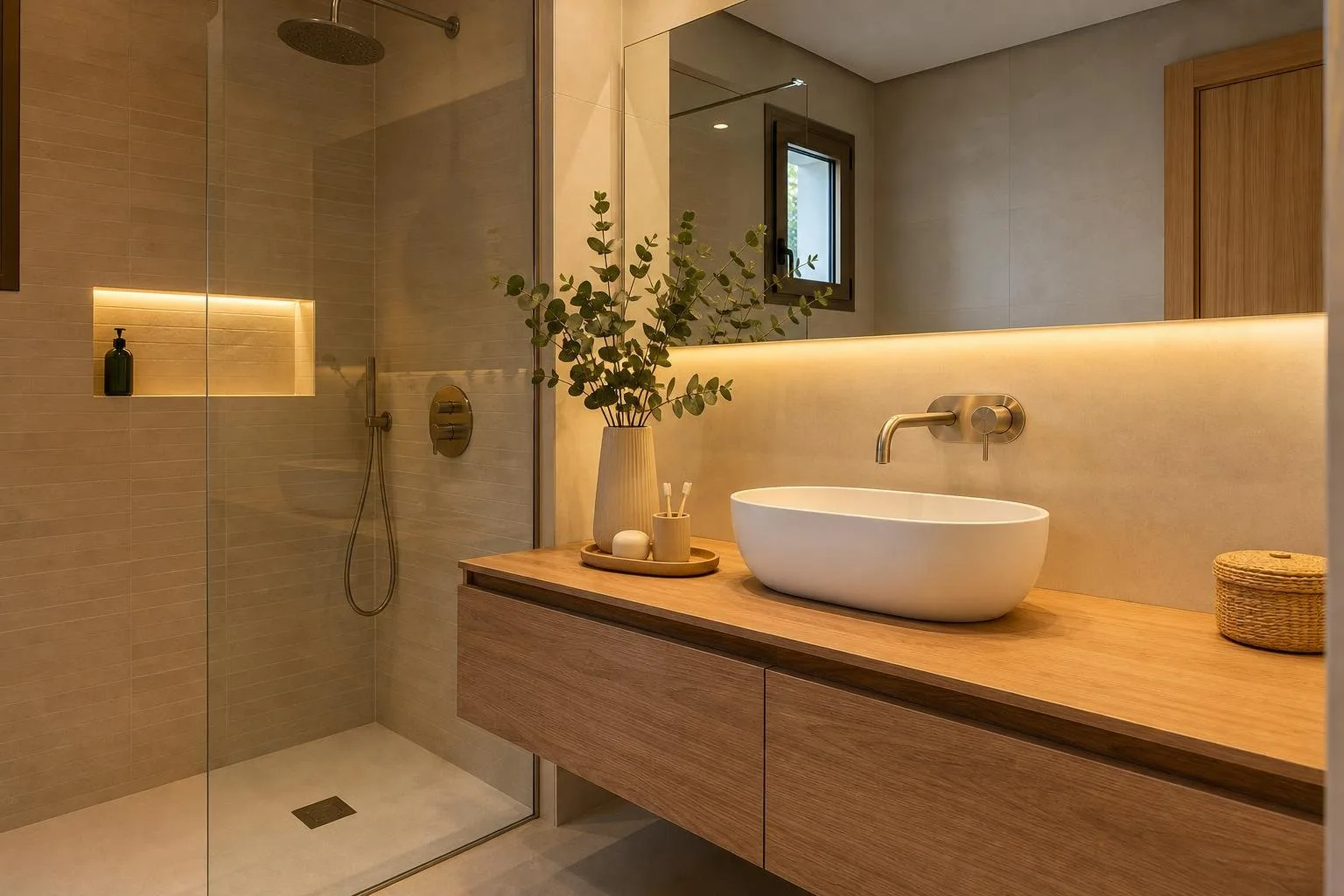 Baño con mueble de lavabo suspendido de aspecto madera