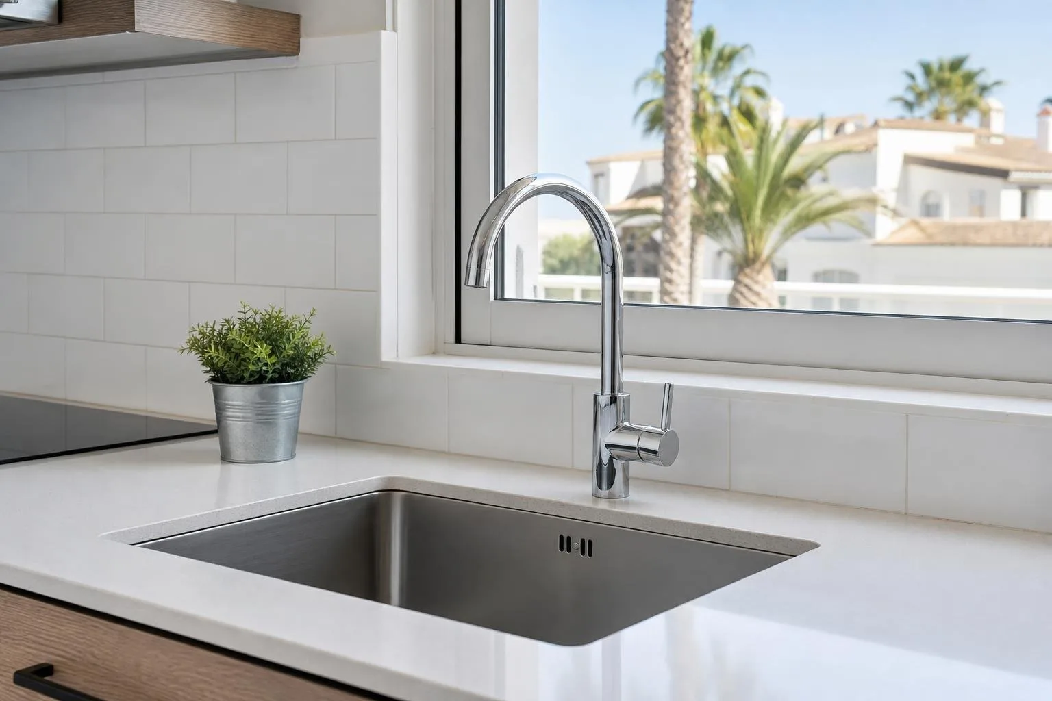 Cocina con fregadero y grifo recién instalados