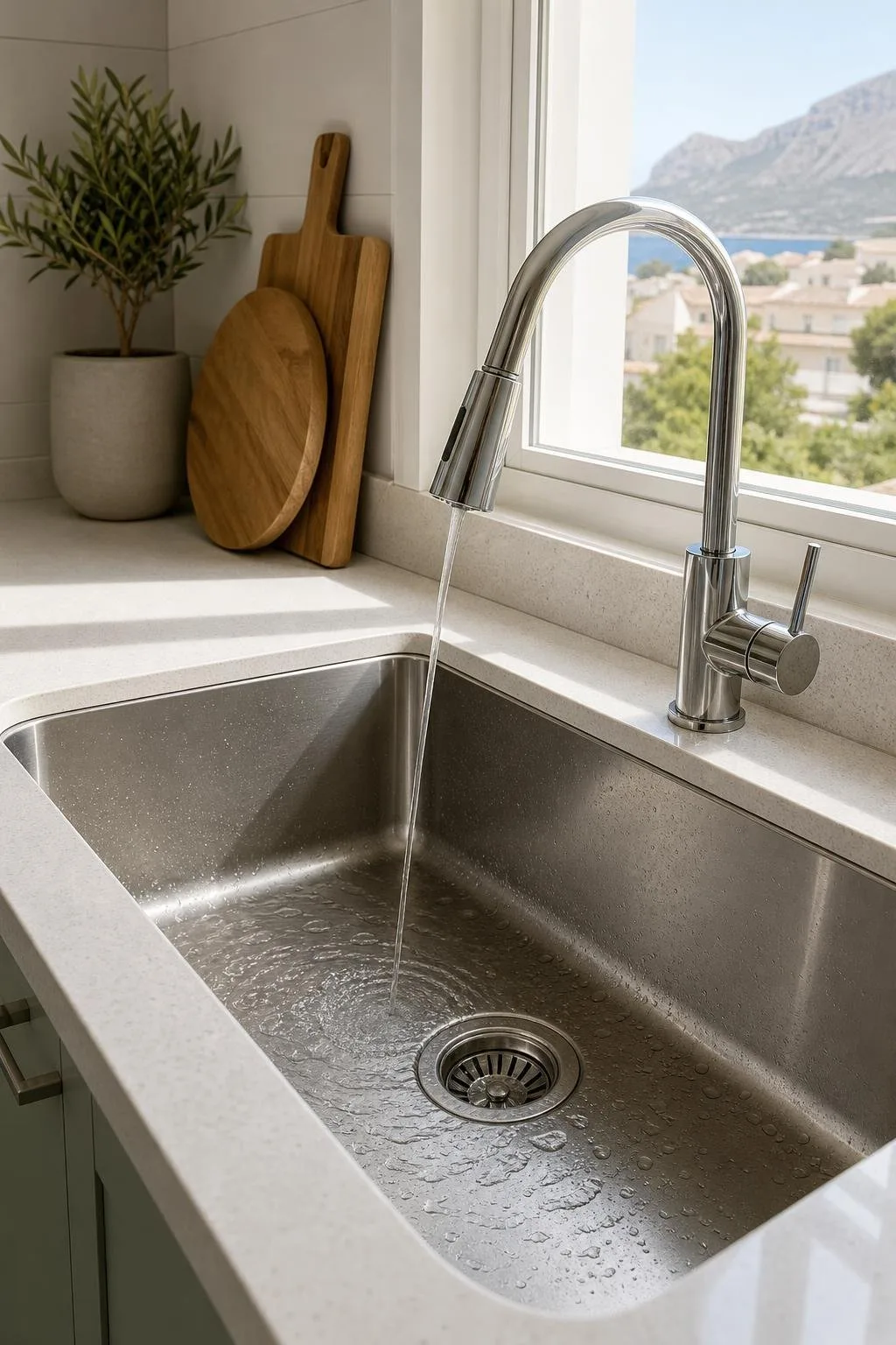 Fregadero de cocina limpio con el agua desaguando bien