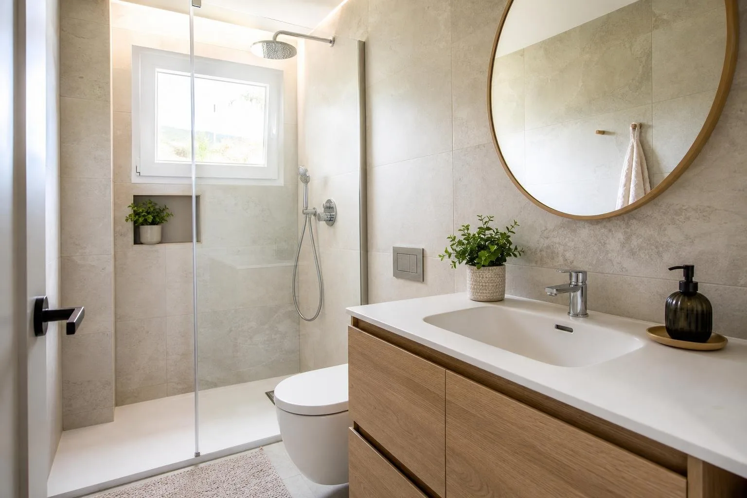 Baño pequeño reformado con alicatado claro y mueble blanco