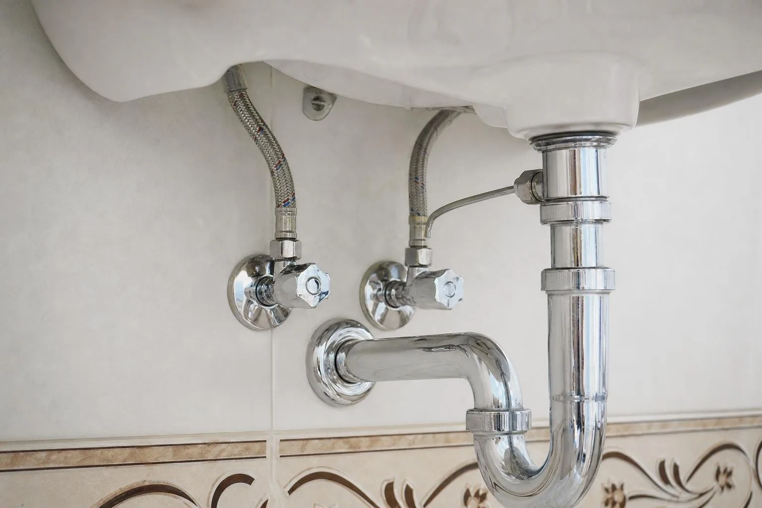 Llaves de paso y latiguillos nuevos bajo un lavabo