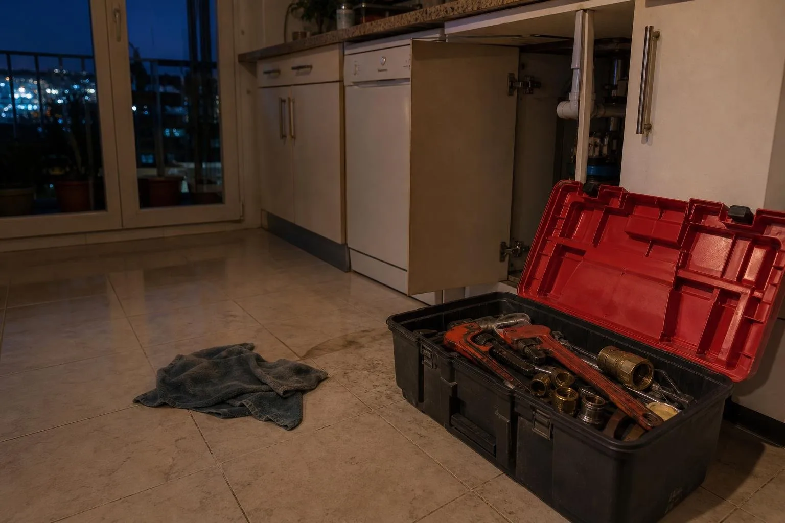 Caja de herramientas de urgencia abierta en el suelo de una cocina