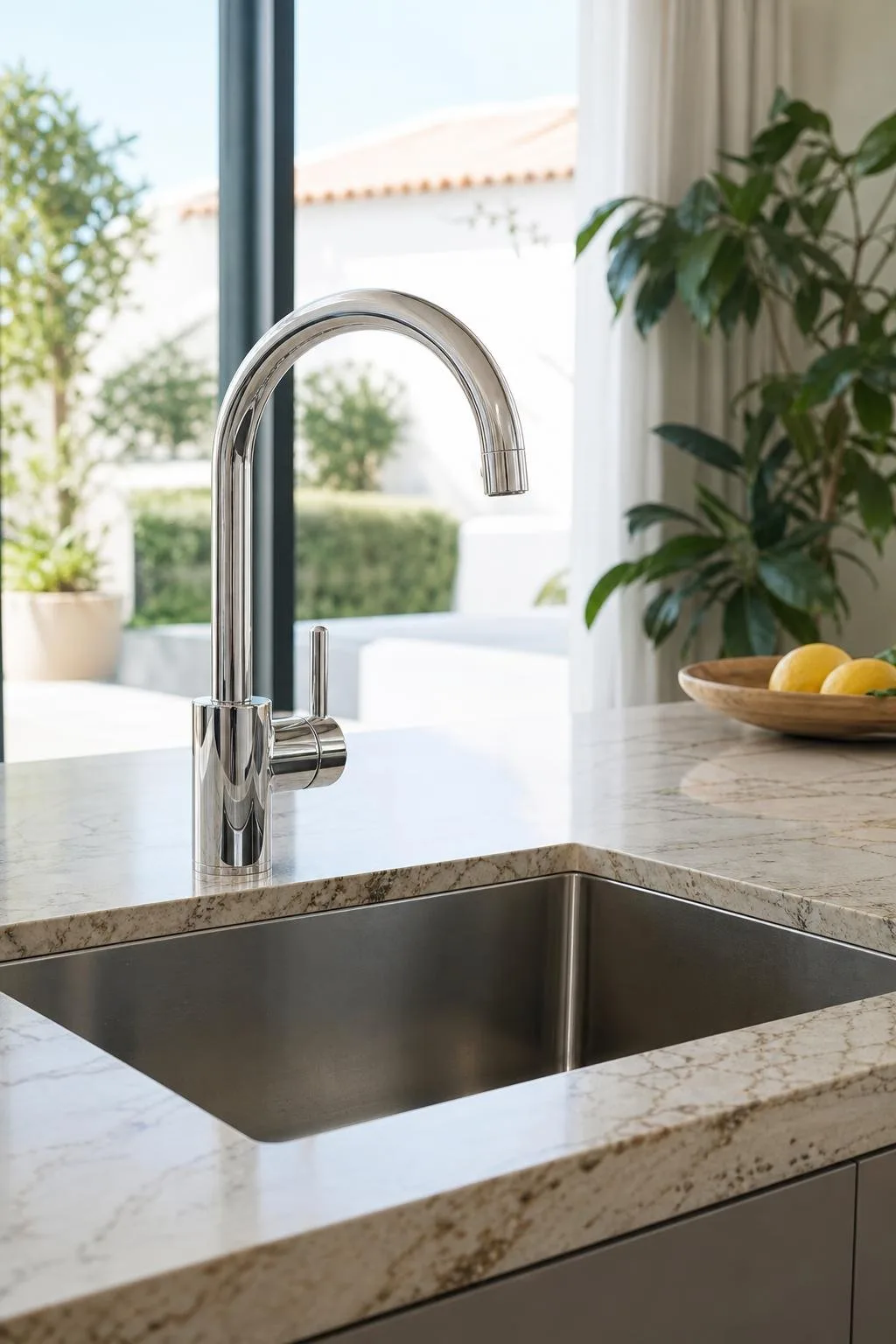 Grifo de cocina cromado recién instalado