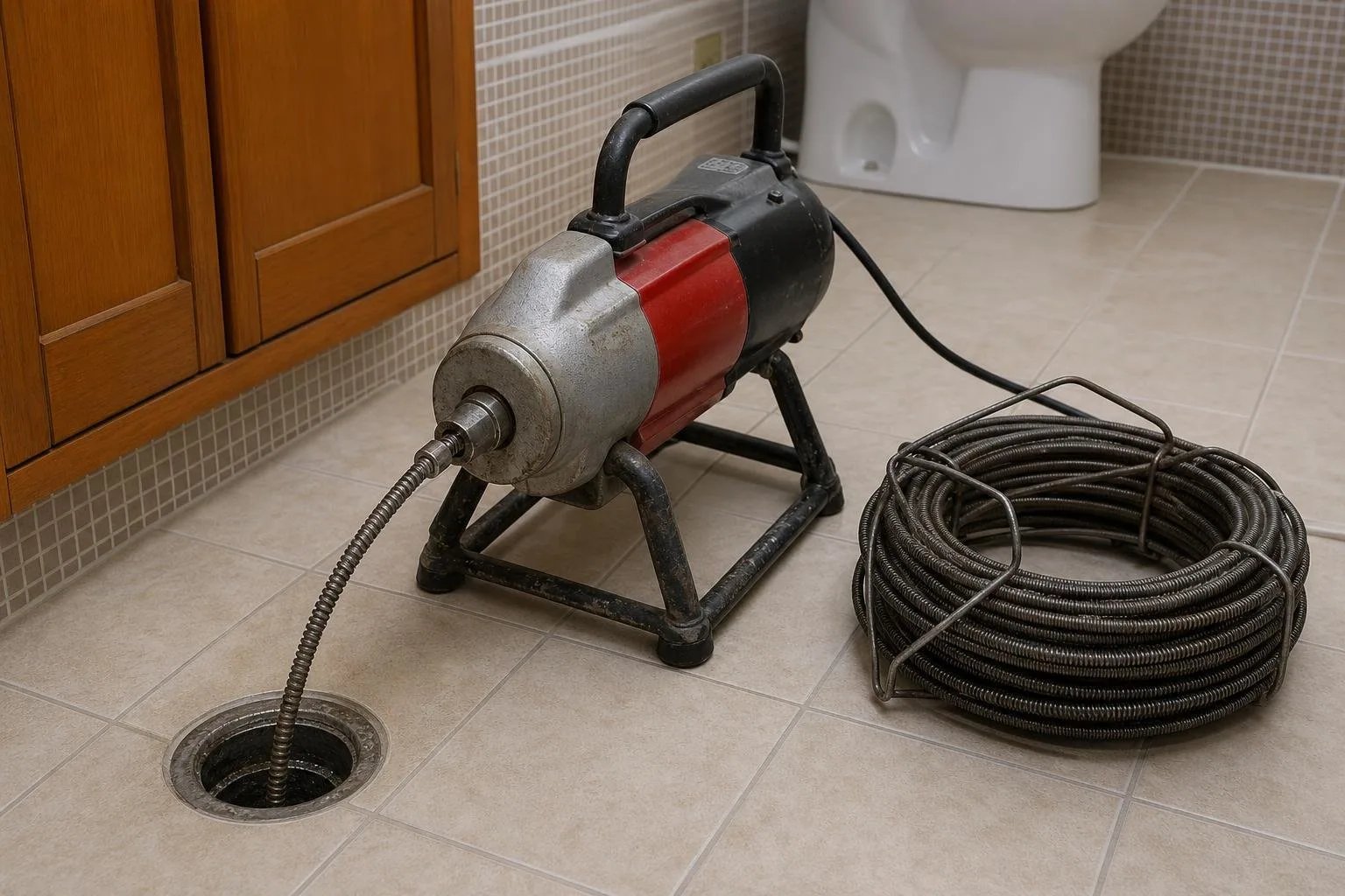Máquina de desatascar con cable de acero sobre el suelo de un baño